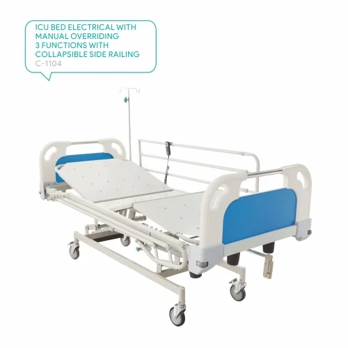 ICU Carevel C 1104 Manual Overriding 3 Functions With Collapsible Side Railing Electrical ICU Bed