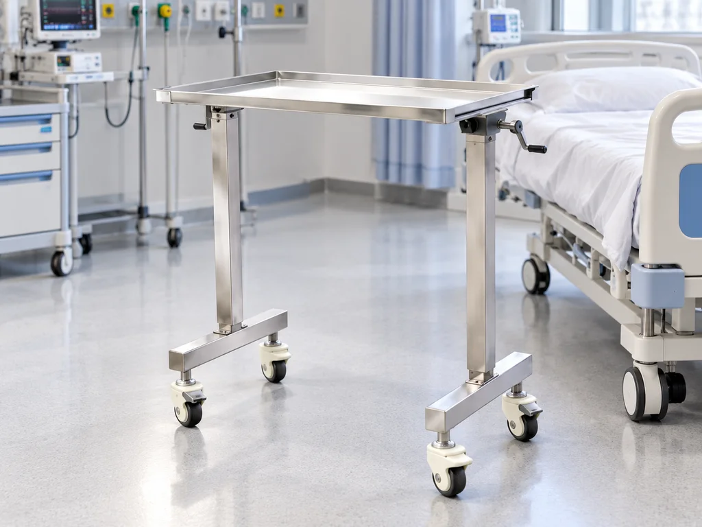 SS 304 MAYO TROLLEY – DOUBLE POST / HEIGHT ADJUSTABLE