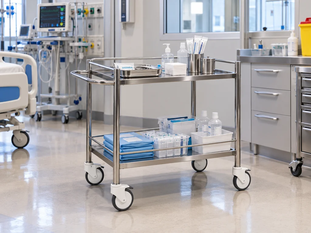 STAINLESS-STEEL INSTRUMENT TROLLEY – TWO SHELVES WITH PUSH HANDLE