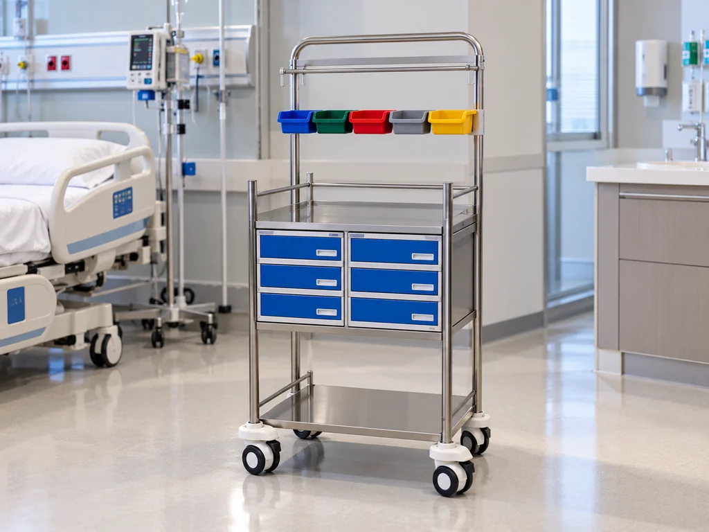 SS CRASH CART WITH IV ROD AND LOCKABLE DRAWERS
