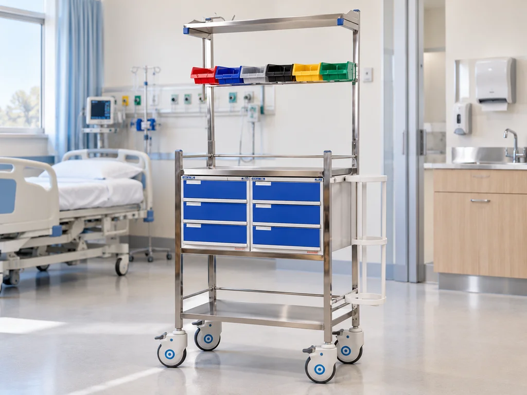 SS CRASH CART WITH SIDE GUARD RAIL
